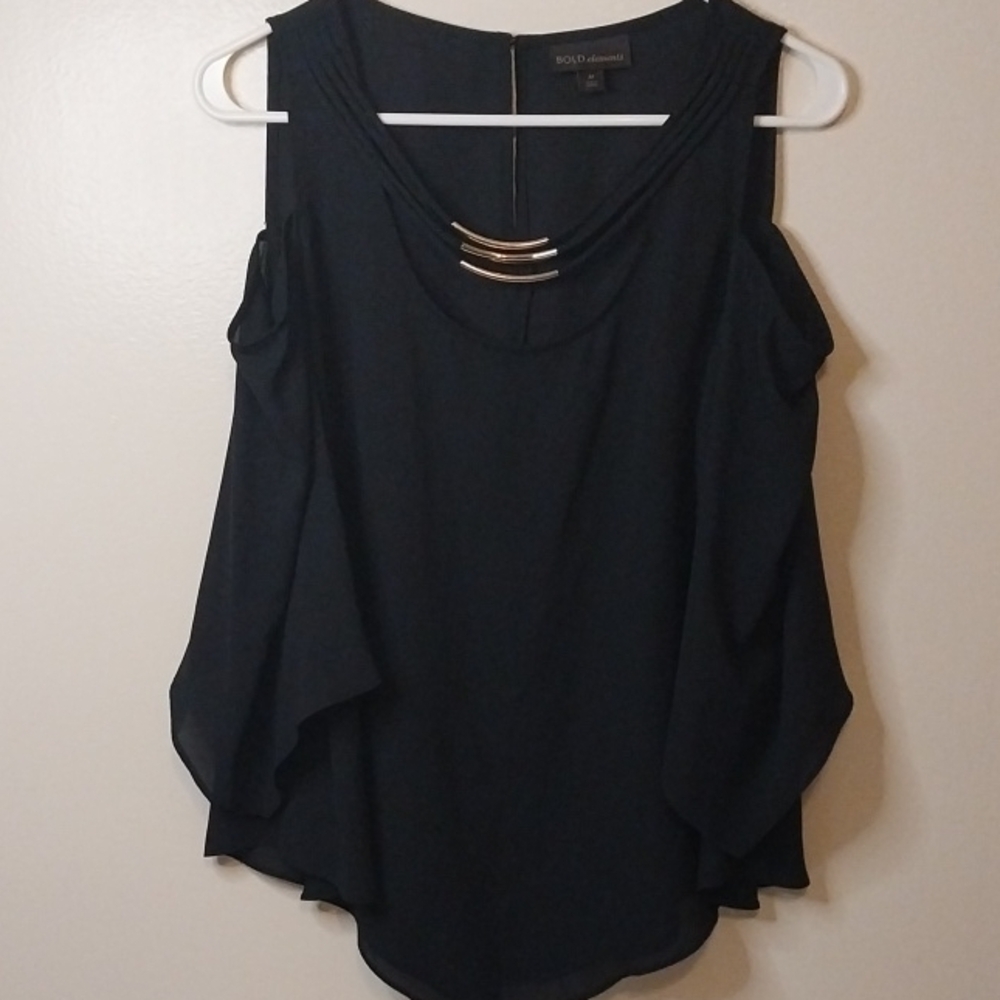 BOLD elements Black Cold-Shoulder Blouse with Gold Accent Bars